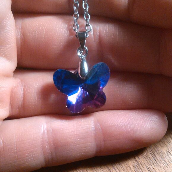 Magic Color Crystal Butterfly Brass Pendant Stainless Steel Necklace - Picture 15 of 16